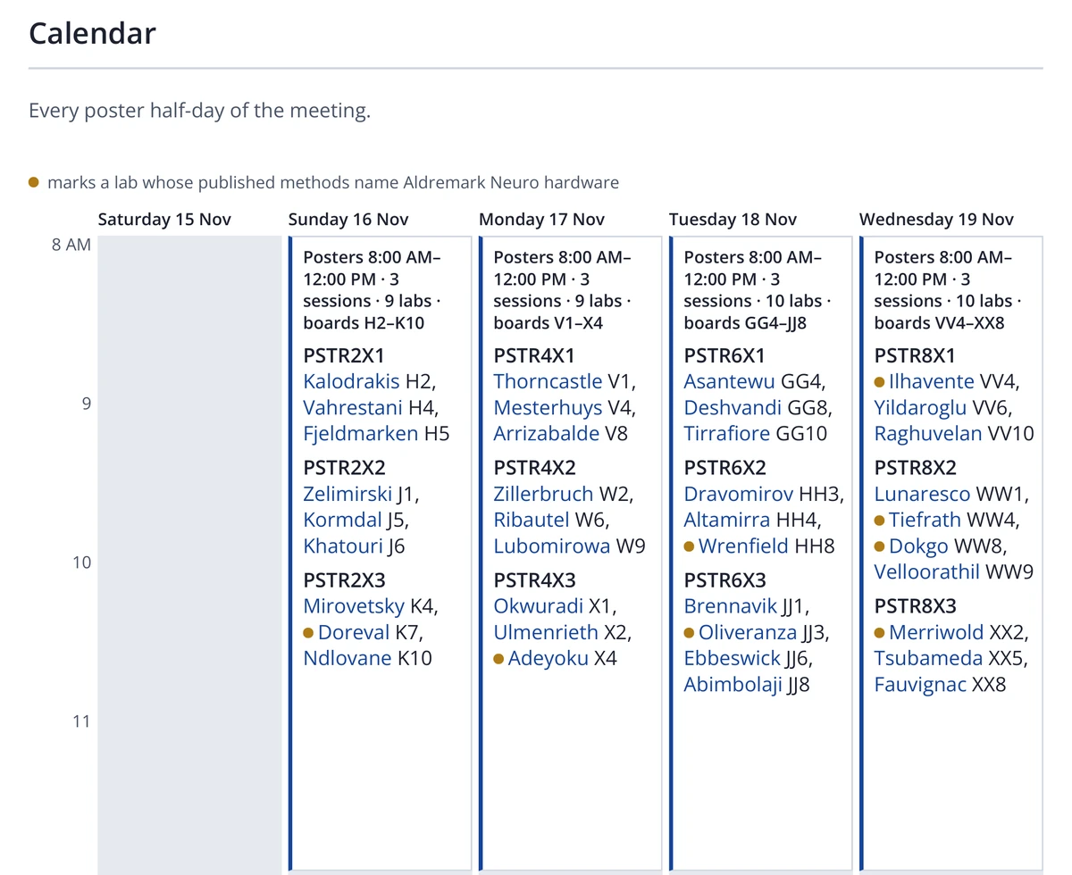 Calendar page from a demonstration dossier: every poster session of the meeting, by day and board.